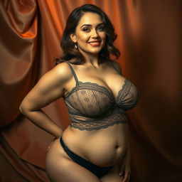 An artistic and sensual depiction of a voluptuous woman with large breasts and a small waist, embodying a playful and flirtatious demeanor