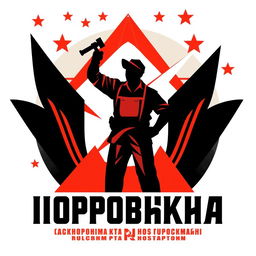 An avant-garde Russian poster featuring bold geometric shapes, striking colors (reds, blacks, and whites), and a dynamic layout that showcases Soviet-era themes