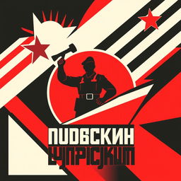 An avant-garde Russian poster featuring bold geometric shapes, striking colors (reds, blacks, and whites), and a dynamic layout that showcases Soviet-era themes