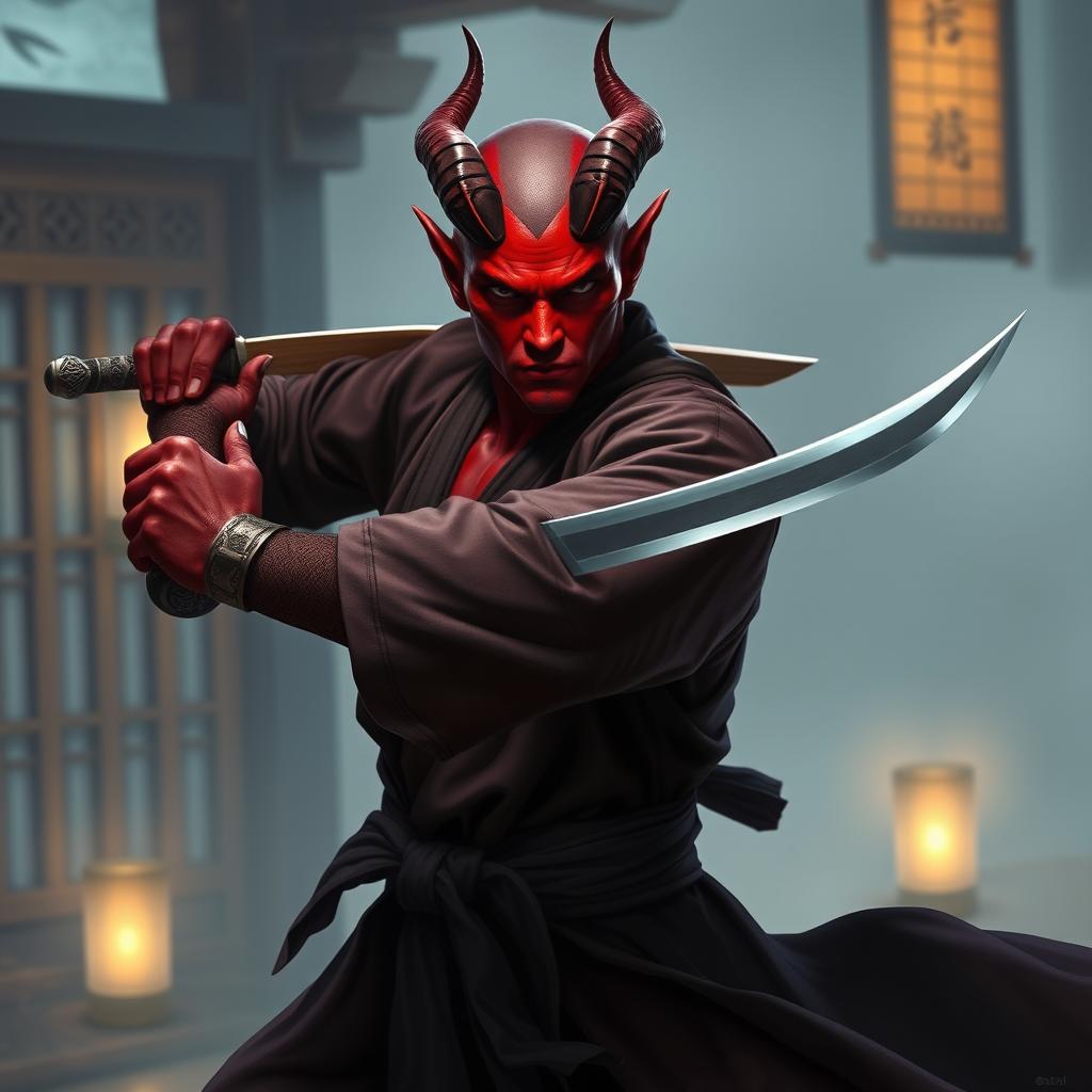 A striking tiefling monk, characterized by deep crimson skin, prominent horns, and piercing eyes, poised with a sleek dagger in hand