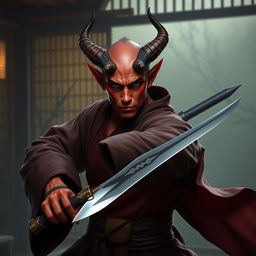 A striking tiefling monk, characterized by deep crimson skin, prominent horns, and piercing eyes, poised with a sleek dagger in hand