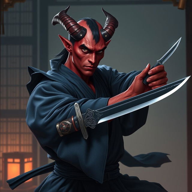 A striking tiefling monk, characterized by deep crimson skin, prominent horns, and piercing eyes, poised with a sleek dagger in hand