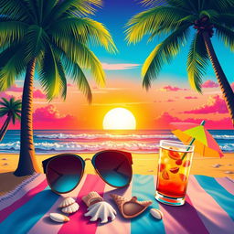 A vibrant and colorful digital design featuring a tropical beach scene with palm trees swaying in a gentle breeze