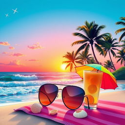 A vibrant and colorful digital design featuring a tropical beach scene with palm trees swaying in a gentle breeze