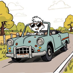 A white cartoon character driving an old and broken car, depicted in a playful vector style with hand-drawn elements