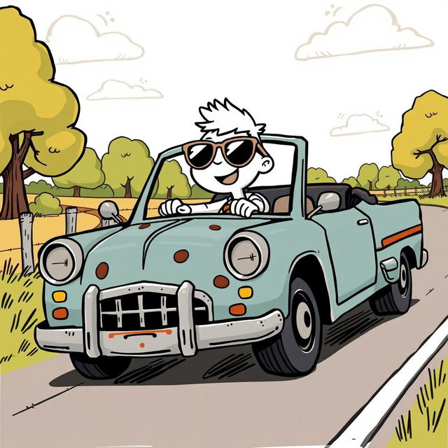 A white cartoon character driving an old and broken car, depicted in a playful vector style with hand-drawn elements