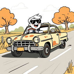 A white cartoon character driving an old and broken car, depicted in a playful vector style with hand-drawn elements