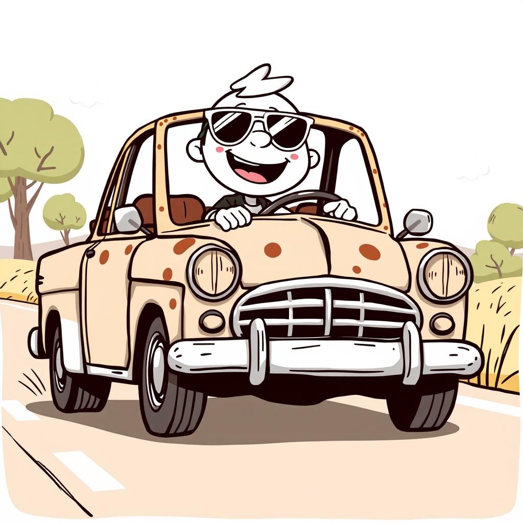 A white cartoon character driving an old and broken car, depicted in a playful vector style with hand-drawn elements
