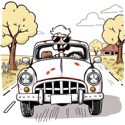 A white cartoon character driving an old and broken car, depicted in a playful vector style with hand-drawn elements