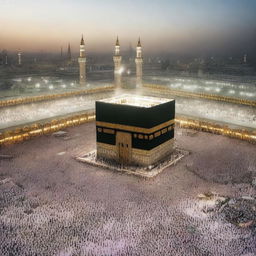 A highly realistic, photo-quality image of Mecca, focusing on the iconic Kaaba