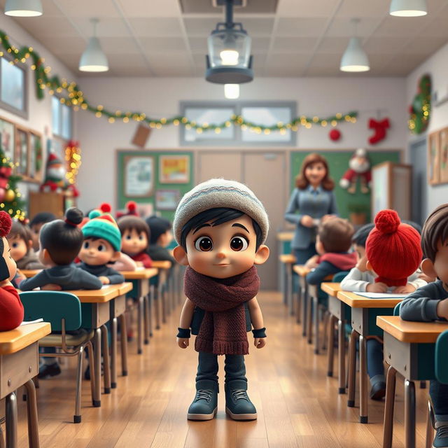 A 3D animated scene depicting a modern classroom during winter break, filled with students and adorned with Christmas decorations and warm lights