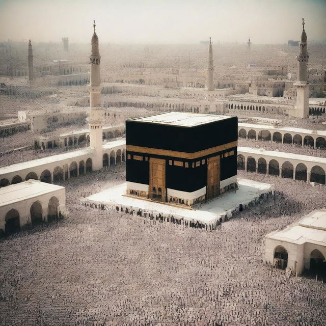 A highly realistic, photo-quality image of Mecca, focusing on the iconic Kaaba