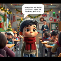 A 3D animated scene depicting a modern classroom during winter break, filled with students and adorned with Christmas decorations and warm lights