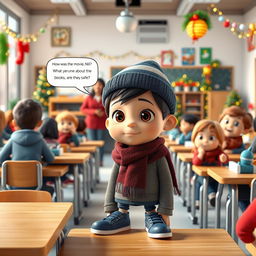 A 3D animated scene depicting a modern classroom during winter break, filled with students and adorned with Christmas decorations and warm lights