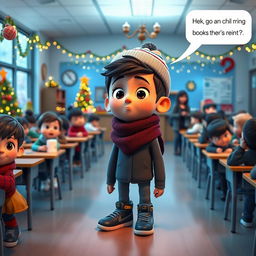 A 3D animated scene depicting a modern classroom during winter break, filled with students and adorned with Christmas decorations and warm lights