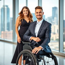 A businessman in a sleek wheelchair, dressed in a stylish suit, radiating confidence and charisma