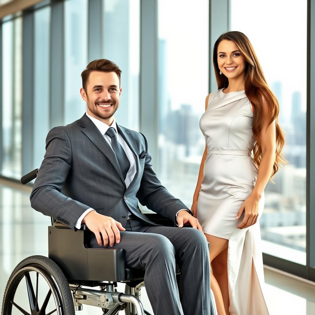A businessman in a sleek wheelchair, dressed in a stylish suit, radiating confidence and charisma