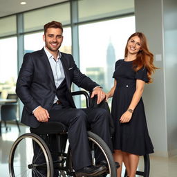 A businessman in a sleek wheelchair, dressed in a stylish suit, radiating confidence and charisma