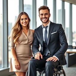 A businessman in a sleek wheelchair, dressed in a stylish suit, radiating confidence and charisma