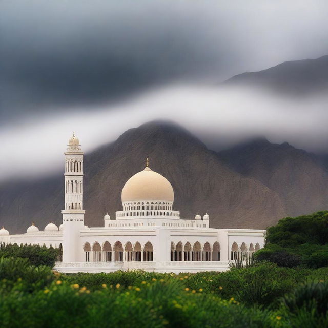 An ultra-realistic, high-quality photograph showcasing the beauty of Oman under a cloudy, rainy sky