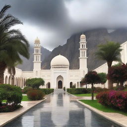 An ultra-realistic, high-quality photograph showcasing the beauty of Oman under a cloudy, rainy sky