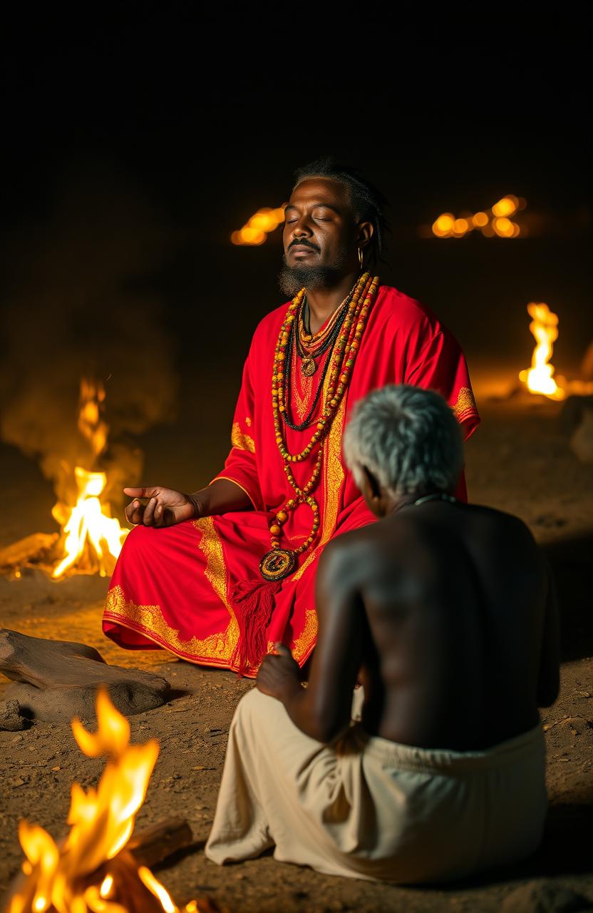 A 38-year-old black Rastafarian man dressed in a vibrant red and gold robe, adorned with multicolored beads, is sitting in a serene meditation pose on lotus feet