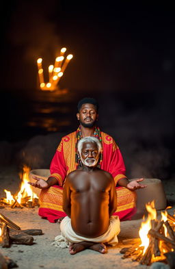 A 38-year-old black Rastafarian man dressed in a vibrant red and gold robe, adorned with multicolored beads, is sitting in a serene meditation pose on lotus feet