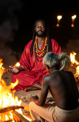 A 38-year-old black Rastafarian man dressed in a vibrant red and gold robe, adorned with multicolored beads, is sitting in a serene meditation pose on lotus feet