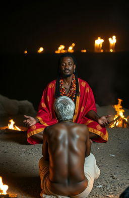 A 38-year-old black Rastafarian man dressed in a vibrant red and gold robe, adorned with multicolored beads, is sitting in a serene meditation pose on lotus feet