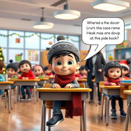 A vibrant 3D animated scene set in a modern classroom filled with students during winter break