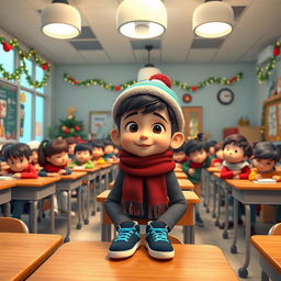 A vibrant 3D animated scene set in a modern classroom filled with students during winter break