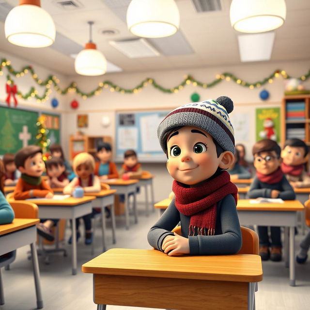 A vibrant 3D animated scene set in a modern classroom filled with students during winter break