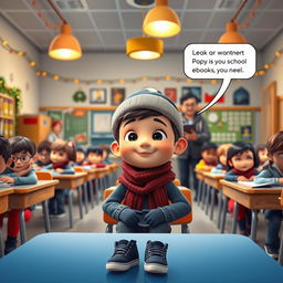 A vibrant 3D animated scene set in a modern classroom filled with students during winter break