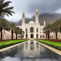 An ultra-realistic, high-quality photograph showcasing the beauty of Oman under a cloudy, rainy sky