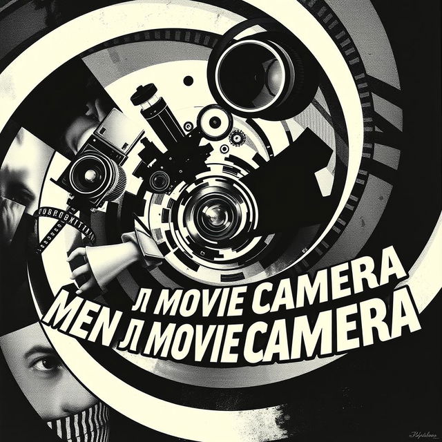 An avant-garde Russian poster for the film 'Men with a Movie Camera', featuring an engaging spiral composition that draws the viewer's focus inward