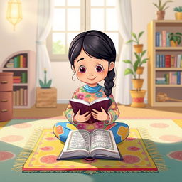 A charming cartoon illustration of a young girl, around 10 years old, sitting cross-legged on a colorful prayer mat with a serene expression