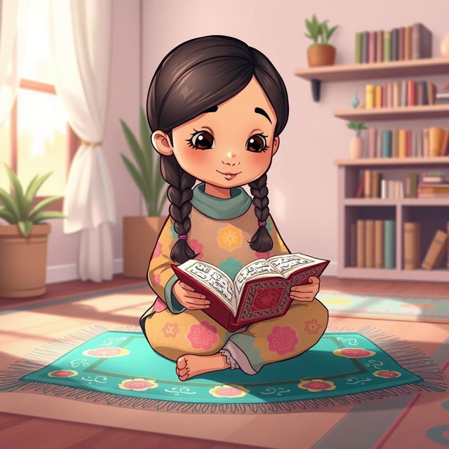 A charming cartoon illustration of a young girl, around 10 years old, sitting cross-legged on a colorful prayer mat with a serene expression