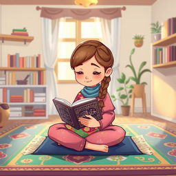 A charming cartoon illustration of a young girl, around 10 years old, sitting cross-legged on a colorful prayer mat with a serene expression
