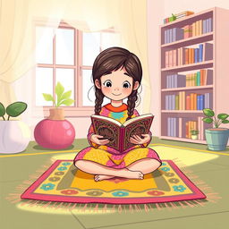 A charming cartoon illustration of a young girl, around 10 years old, sitting cross-legged on a colorful prayer mat with a serene expression