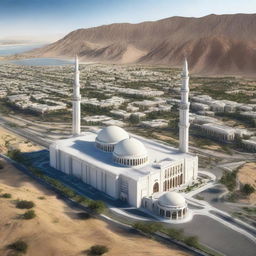 An ultra-realistic, high-quality photograph depicting a futuristic vision of Oman in 2030