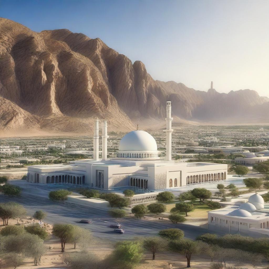 An ultra-realistic, high-quality photograph depicting a futuristic vision of Oman in 2030