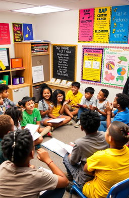 A vibrant classroom scene filled with diverse students engaging in a rap session about education