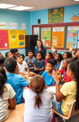 A vibrant classroom scene filled with diverse students engaging in a rap session about education