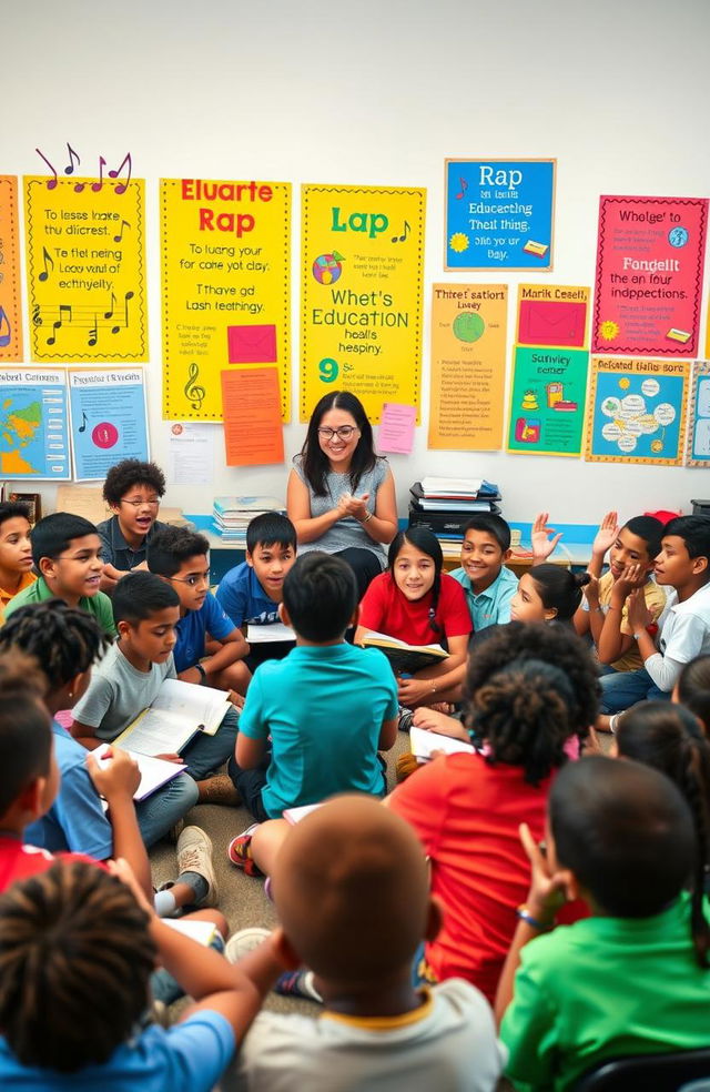 A vibrant classroom scene filled with diverse students engaging in a rap session about education