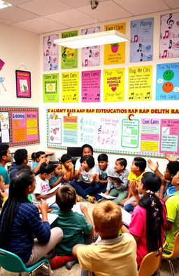 A vibrant classroom scene filled with diverse students engaging in a rap session about education