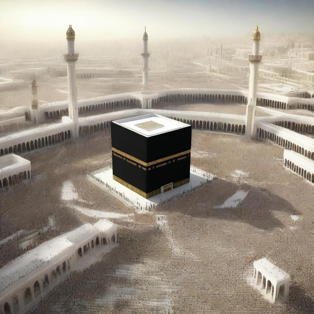 A high-quality, futuristic digital render of Mecca as envisioned in 2030