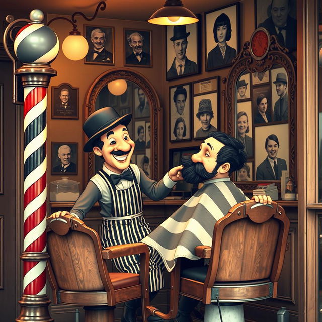 A whimsical scene of a classic 1920s barber shop reminiscent of Charlie Chaplin's era