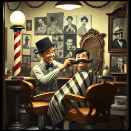 A whimsical scene of a classic 1920s barber shop reminiscent of Charlie Chaplin's era