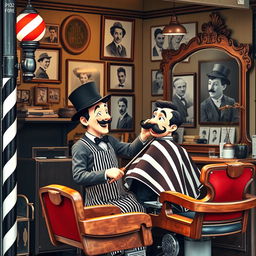 A whimsical scene of a classic 1920s barber shop reminiscent of Charlie Chaplin's era