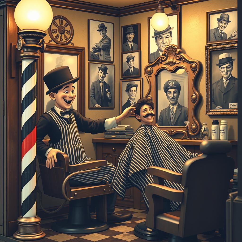 A whimsical scene of a classic 1920s barber shop reminiscent of Charlie Chaplin's era